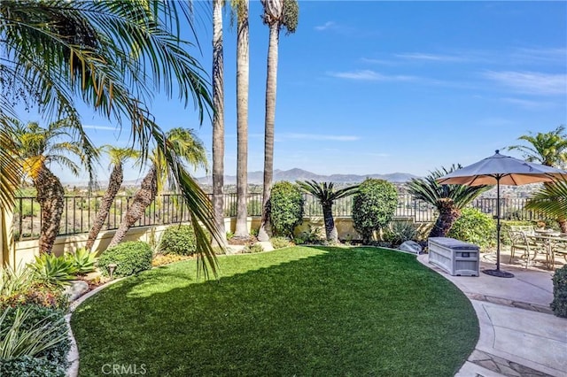 view of yard featuring a patio area, a fenced backyard, and a mountain view