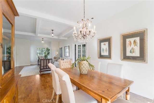 dining area with wood finished floors, baseboards, coffered ceiling, beam ceiling, and a chandelier