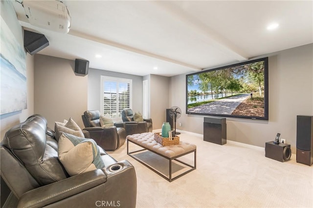 interior space with recessed lighting, beamed ceiling, carpet floors, and baseboards