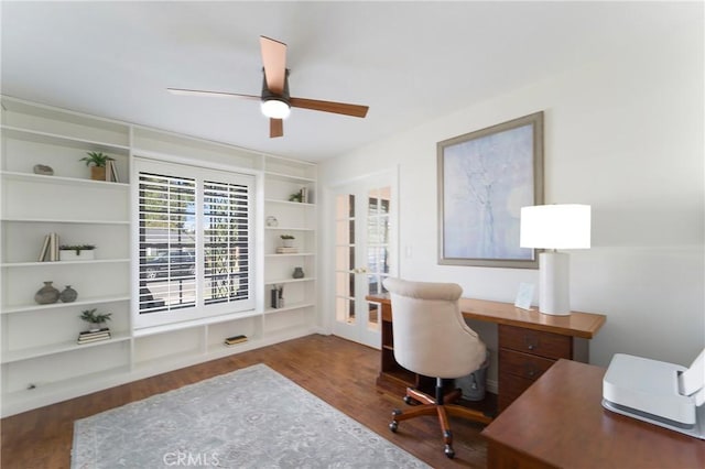 office area featuring french doors, a ceiling fan, and wood finished floors