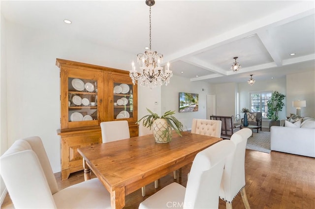 dining room with beamed ceiling, a notable chandelier, light wood-style floors, and recessed lighting