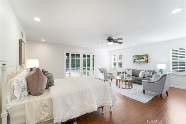 bedroom with visible vents, recessed lighting, wood finished floors, a ceiling fan, and access to outside