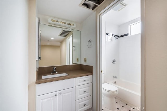 full bath featuring toilet, visible vents, shower / washtub combination, and vanity