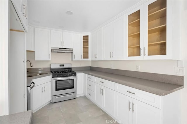 kitchen featuring glass insert cabinets, stainless steel appliances, under cabinet range hood, white cabinetry, and a sink