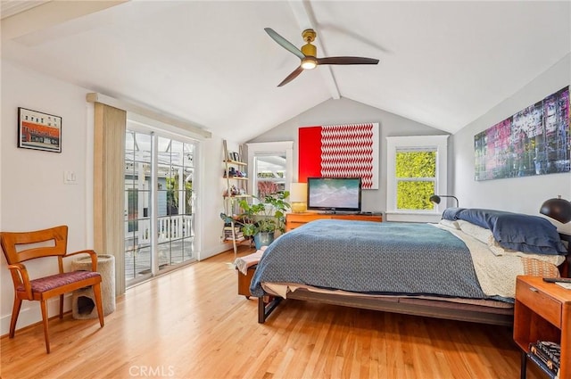 bedroom with a ceiling fan, access to outside, vaulted ceiling with beams, and wood finished floors