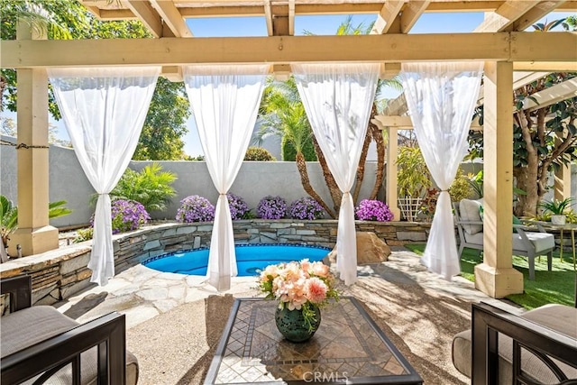 view of pool featuring a patio area, a fenced backyard, a fenced in pool, and a pergola