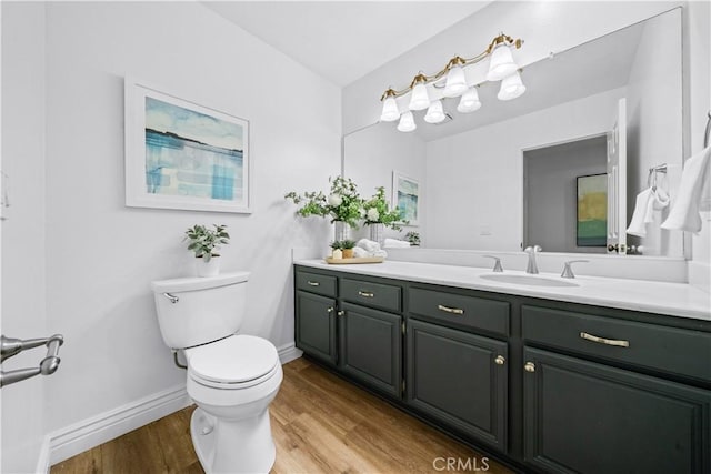 bathroom featuring toilet, wood finished floors, vanity, and baseboards