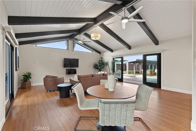 dining room with vaulted ceiling with beams, ceiling fan, baseboards, and wood finished floors