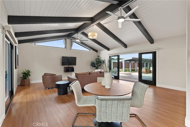 2885 Europa Dr, Costa Mesa, CA 92626 - dining room featuring vaulted ceiling with beams, wood finished floors, baseboards, and ceiling fan