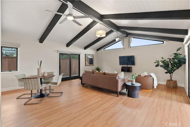 living room featuring lofted ceiling with beams, light wood-style flooring, baseboards, and a ceiling fan