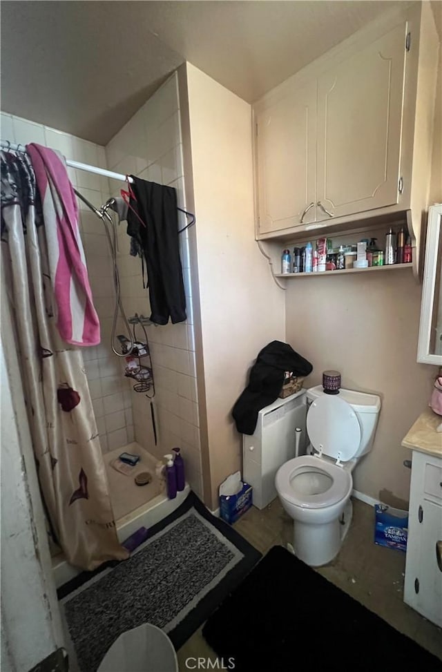 full bathroom featuring toilet, a stall shower, and vanity