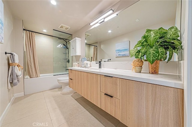 bathroom featuring tile patterned flooring, toilet, visible vents, vanity, and shower / bath combination with curtain