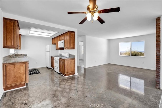 kitchen with finished concrete flooring, white appliances, baseboards, brown cabinetry, and a sink