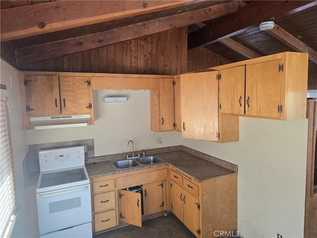 kitchen with vaulted ceiling with beams, a sink, white range with electric stovetop, and under cabinet range hood