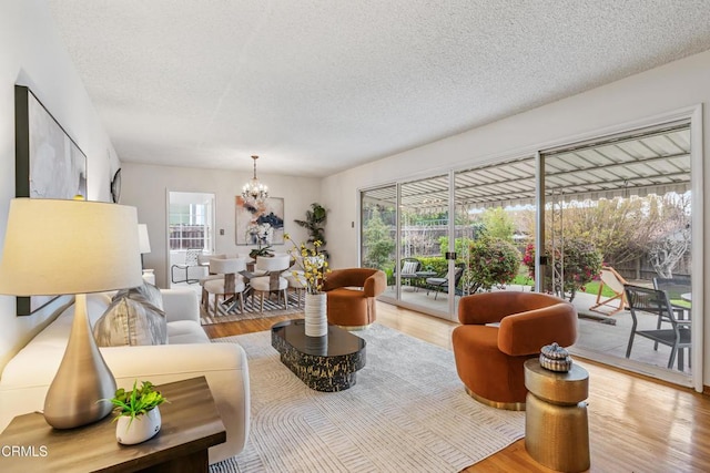 living room with a notable chandelier, a textured ceiling, and wood finished floors