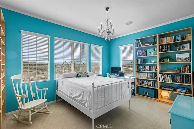 bedroom featuring a notable chandelier, carpet, baseboards, and crown molding