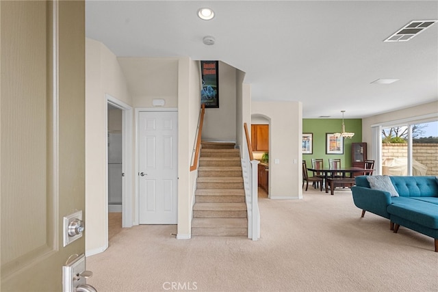 staircase featuring recessed lighting, carpet, visible vents, and baseboards