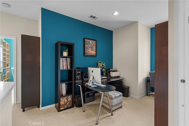 office with carpet, visible vents, baseboards, and recessed lighting