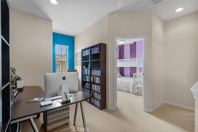 carpeted home office featuring visible vents, baseboards, and recessed lighting