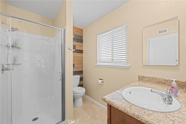 full bath with visible vents, a shower stall, vanity, and tile patterned floors