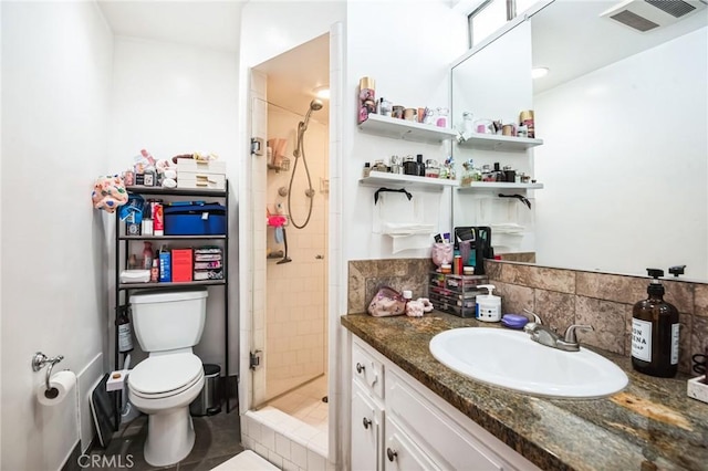 full bathroom featuring toilet, a stall shower, visible vents, and vanity