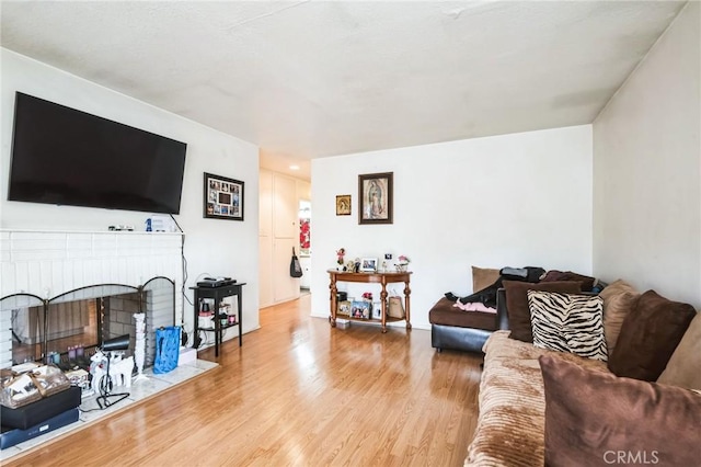 living room featuring a fireplace and wood finished floors