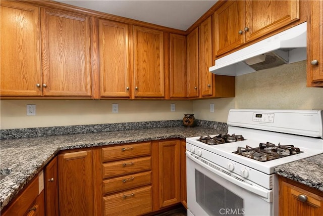 kitchen featuring brown cabinetry, under cabinet range hood, and white gas range oven