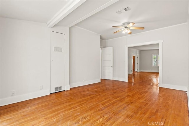 unfurnished room with light wood finished floors, visible vents, and ceiling fan