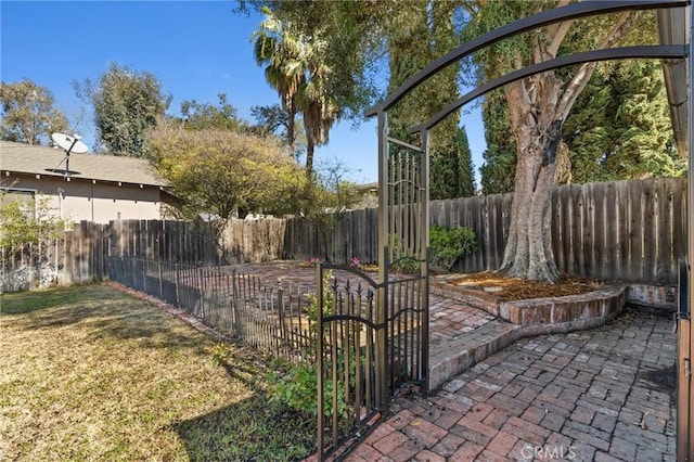 view of yard featuring a patio and a fenced backyard