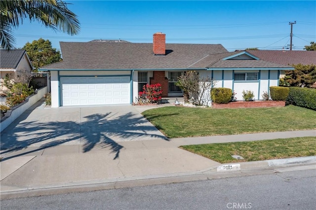 single story home with a chimney, stucco siding, concrete driveway, a garage, and a front lawn