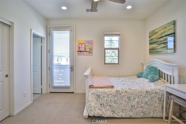 carpeted bedroom with recessed lighting, baseboards, ceiling fan, and visible vents