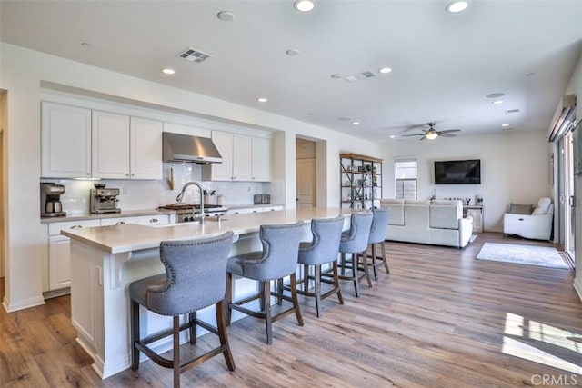 kitchen featuring under cabinet range hood, ceiling fan, white cabinets, light wood-style flooring, and visible vents