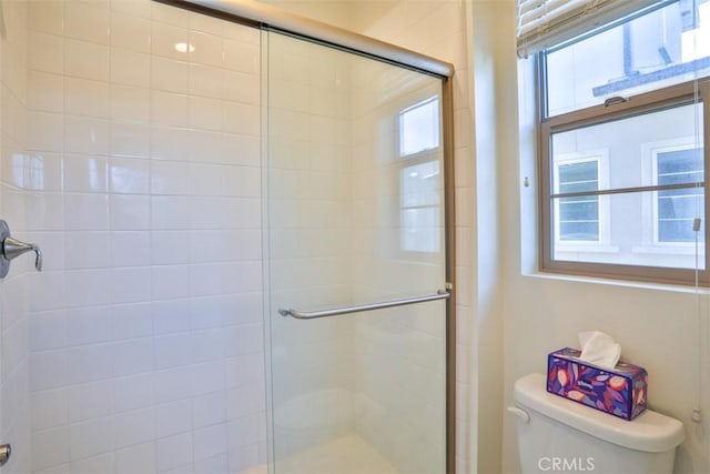 bathroom with toilet and a stall shower