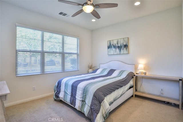 bedroom with recessed lighting, carpet flooring, baseboards, visible vents, and a ceiling fan