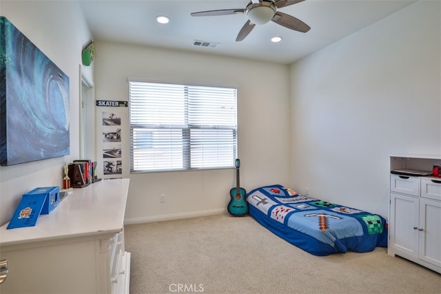 carpeted bedroom with baseboards, visible vents, ceiling fan, and recessed lighting