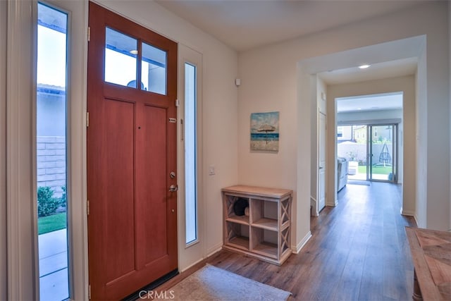 entrance foyer with baseboards and wood finished floors