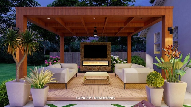 view of patio with ceiling fan, an outdoor living space with a fireplace, a wooden deck, and fence