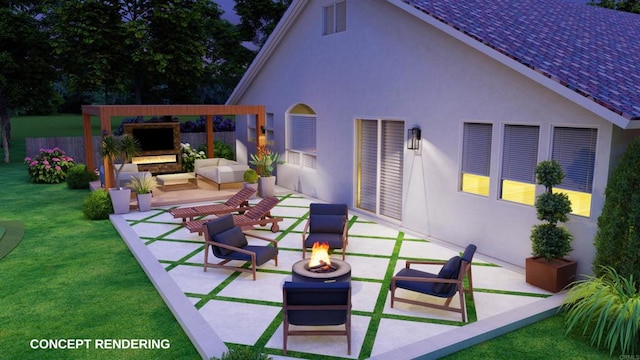 view of patio featuring an outdoor living space with a fire pit