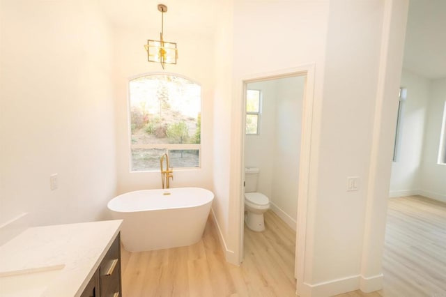 bathroom featuring a freestanding tub, baseboards, toilet, and wood finished floors