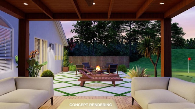 view of patio featuring an outdoor living space with a fire pit, fence, and a wooden deck