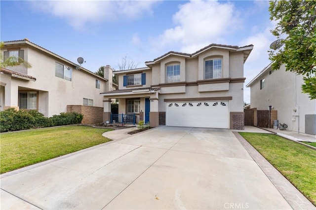 traditional-style home featuring a tile roof, stucco siding, concrete driveway, an attached garage, and a front lawn