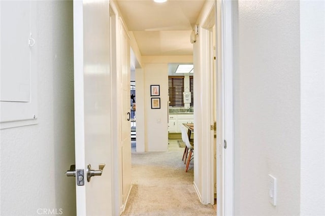 hallway featuring light colored carpet