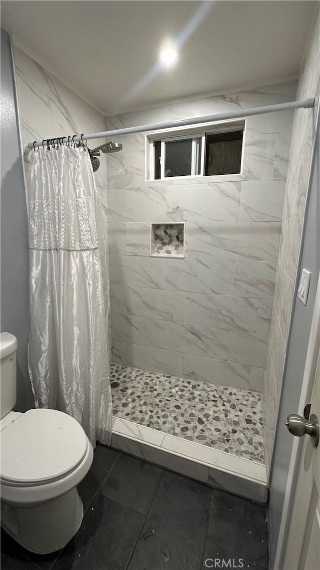 bathroom with a stall shower and toilet