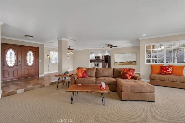 carpeted living area featuring baseboards and ornamental molding