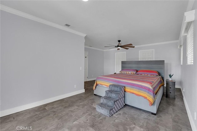 bedroom featuring baseboards, a ceiling fan, visible vents, and crown molding