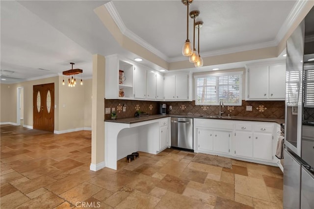 kitchen featuring dark countertops, a sink, stone tile floors, and dishwasher