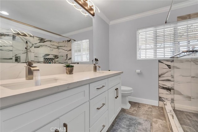 full bath featuring double vanity, a marble finish shower, toilet, ornamental molding, and a sink