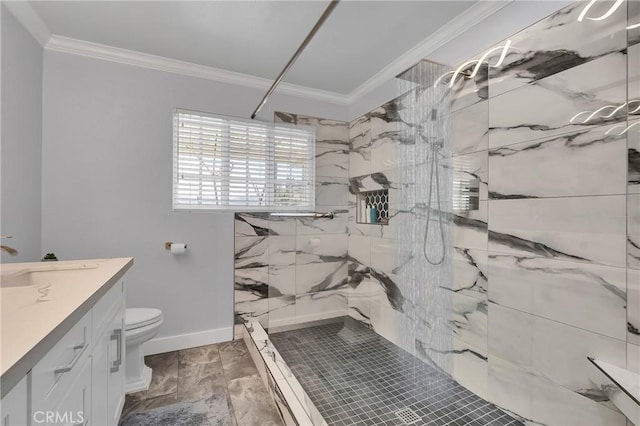 bathroom with ornamental molding, a marble finish shower, and toilet