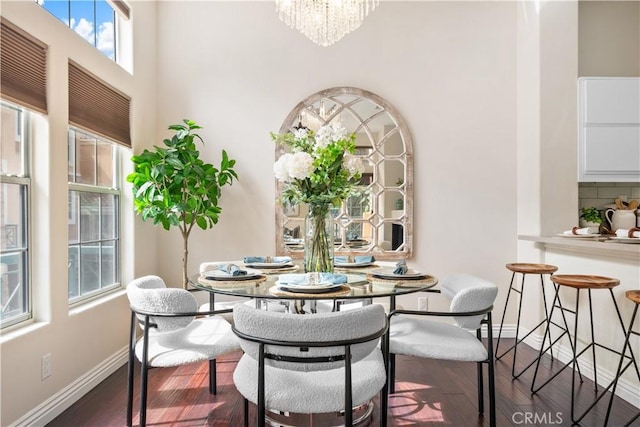 dining space with a chandelier, dark wood-type flooring, and baseboards