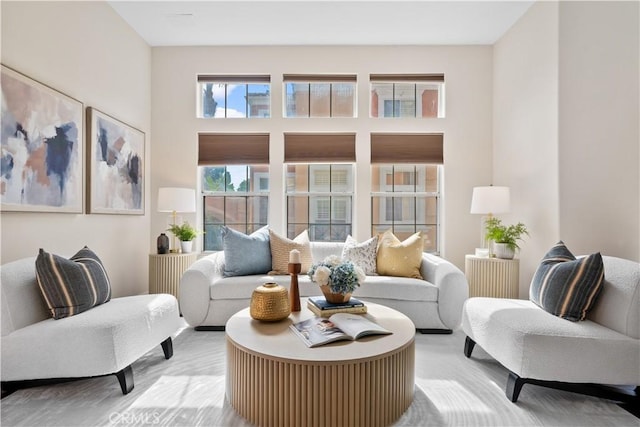 living area with a towering ceiling and light wood-style floors